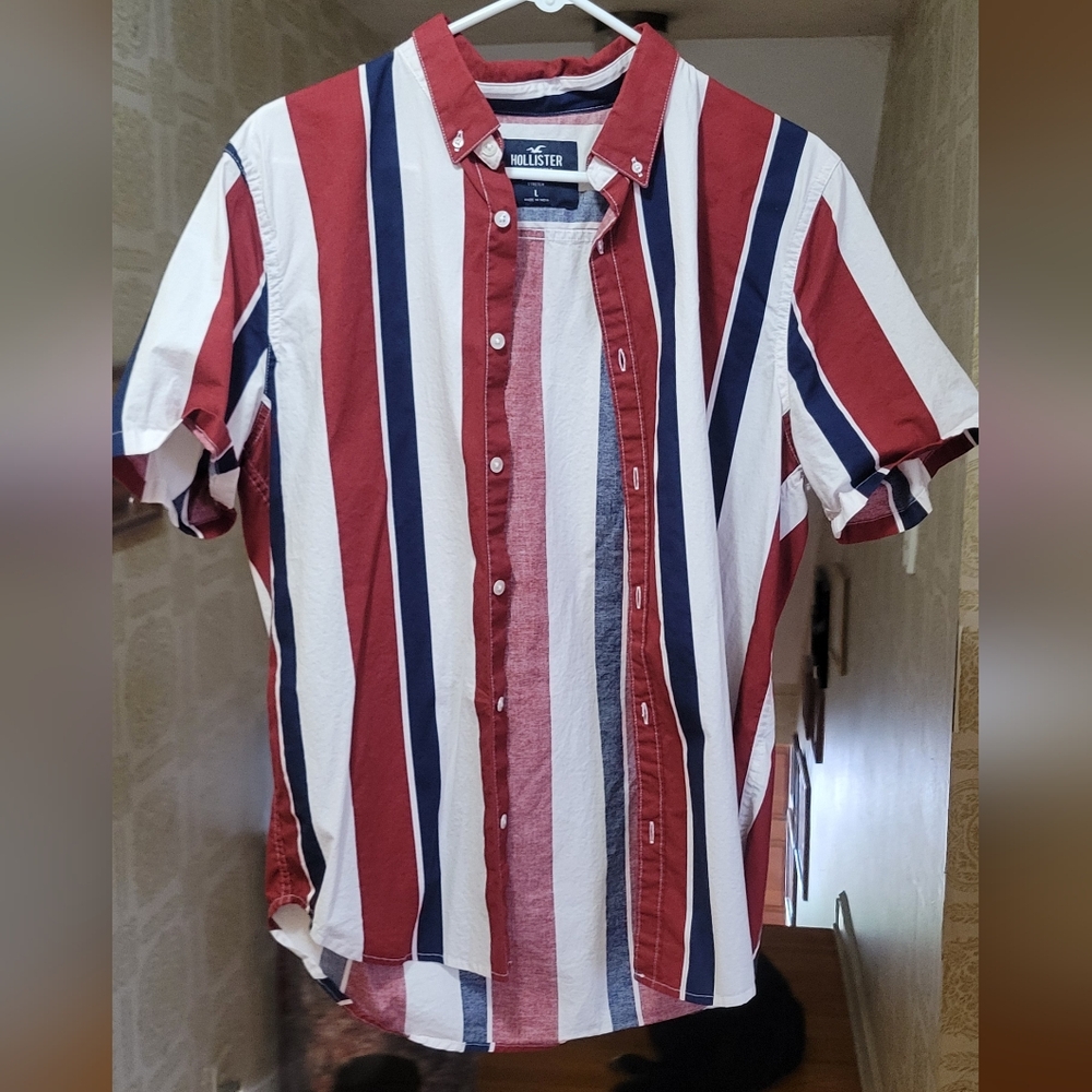 Red, White, and Blue Striped Men's Shirt-Hollister - Picture 3 of 3